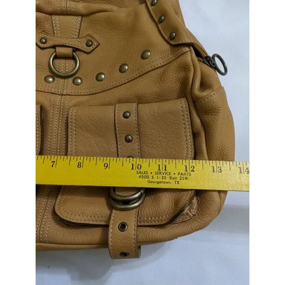 HYPE Genuine Leather Tan Satchel Hobo Bag Purse Studs Studded Bronze Hardware - Picture 4 of 9